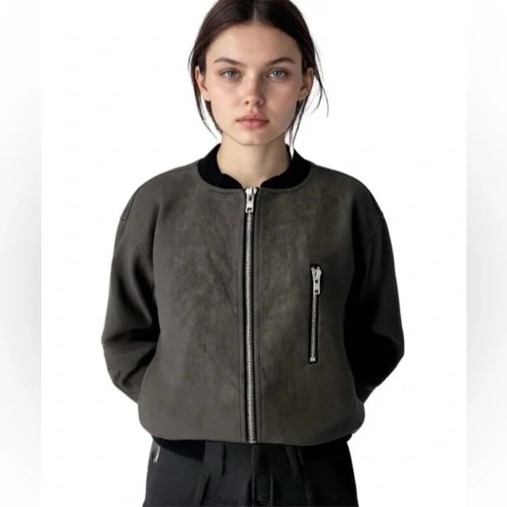 POL Faux Suede Bomber Jacket Taupe Gray “Star Systems” Embroidered Back Zip M/L